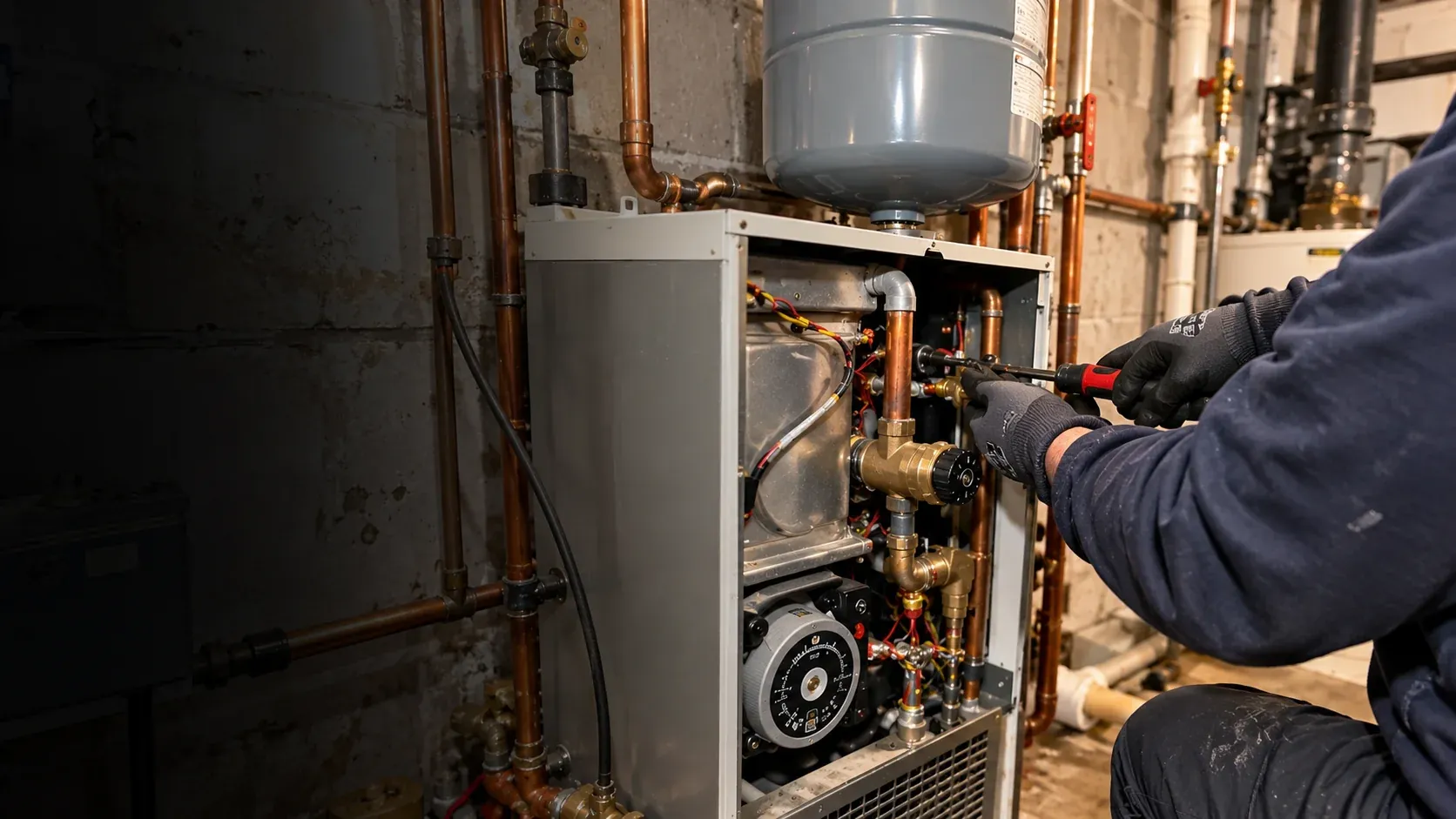 Technician in work gloves servicing a boiler with copper piping and an expansion tank